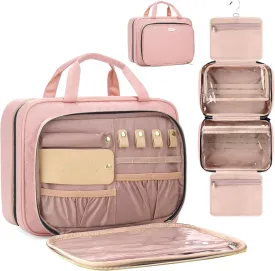 8L Travel Toiletry Bag with Jewelry Organizer for Women - 2.1 GAL Water-resistant Makeup Cosmetic Bag With Hanging Hook for Accessories Shampoo Full-size Container, Pink
