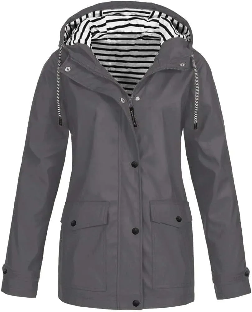 Aniywn Women Plus Size Rain Jacket Outdoor Waterproof Windproof Hooded Raincoat Casual Lightweight Jacket for Hiking Travel