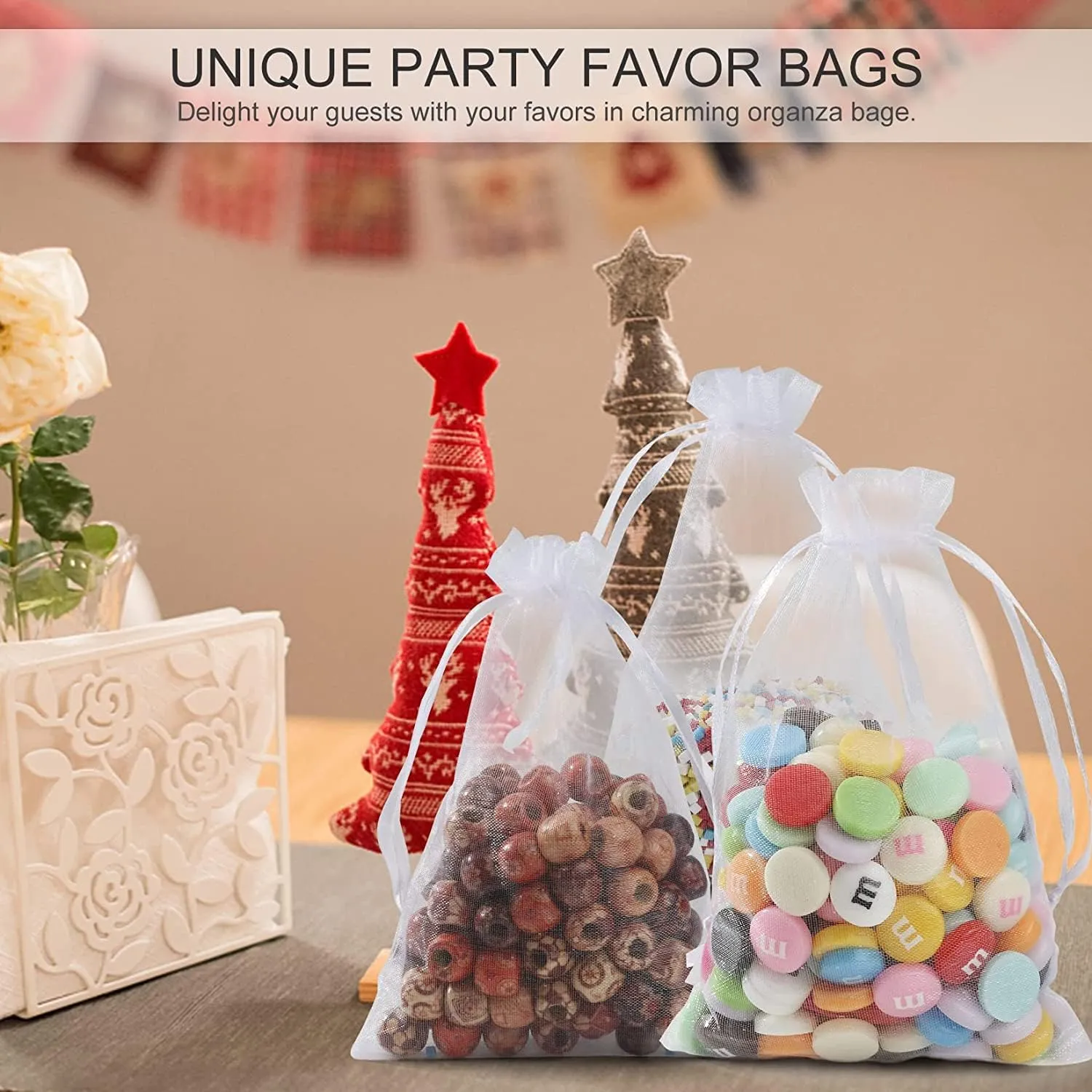 ANZNKU 100PCS Premium White Organza Bags 5x7 inches Mesh Bags Drawstring, Small Gift Pouches for Wedding Festival Makeup Party Favor