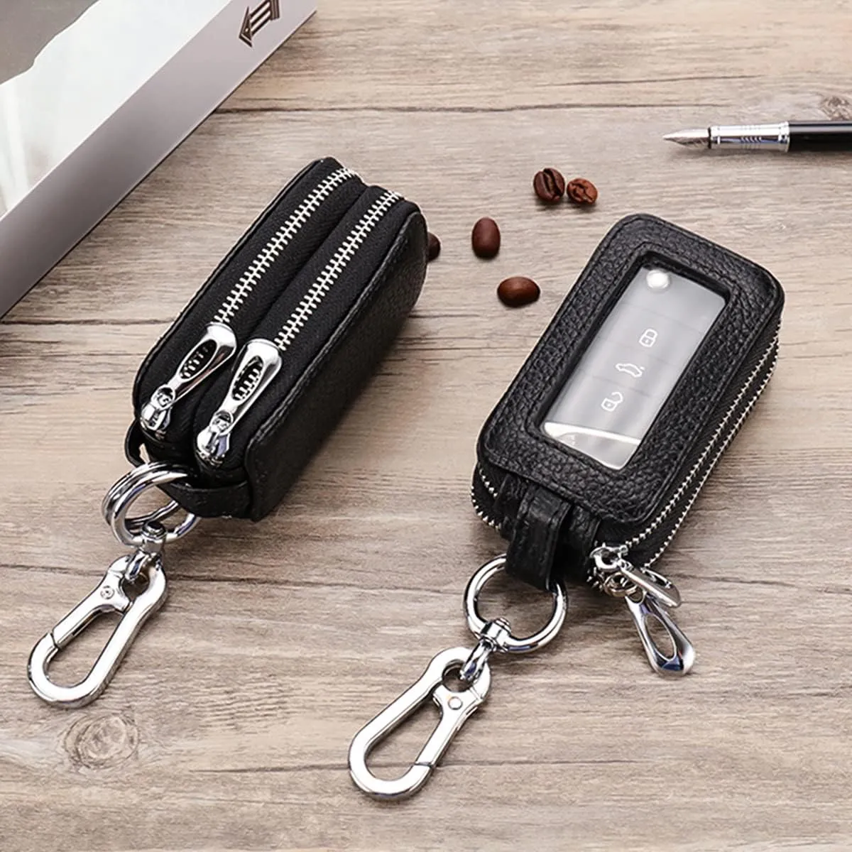 BELOMI Car Key Fob Case, Genuine Leather Remote Keychain Bag with Lanyard and Zipper Closure, Key Protection Cover for Men Women (Rose Red)