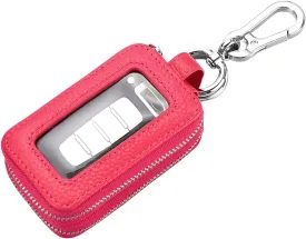 BELOMI Car Key Fob Case, Genuine Leather Remote Keychain Bag with Lanyard and Zipper Closure, Key Protection Cover for Men Women (Rose Red)
