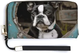 Boston Terrier Leather Wallets Zip Around Clutch Bag Ladies Credit Card Holder Clutch Purse for Women