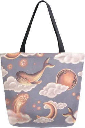 Canvas Tote Bag Star Whales Watercolor Woman Beach Bag Sea Animals Whale Moon Clouds Shoulder Bag