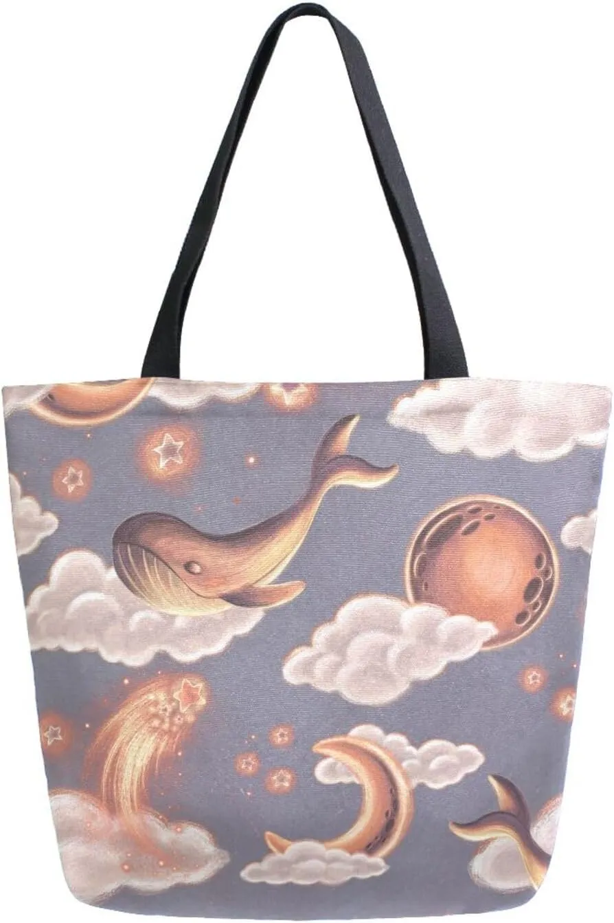 Canvas Tote Bag Star Whales Watercolor Woman Beach Bag Sea Animals Whale Moon Clouds Shoulder Bag