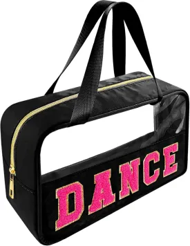 Chenille Letter Clear Makeup Bag Dance Patch, Travel Toiletry Makeup Bag with Handle, Nylon Waterproof Makeup Bags clear cosmetic bag, preppy patch makeup bag for Women (DANCE-Black)