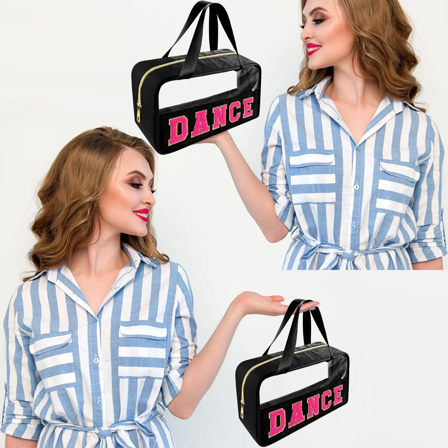 Chenille Letter Clear Makeup Bag Dance Patch, Travel Toiletry Makeup Bag with Handle, Nylon Waterproof Makeup Bags clear cosmetic bag, preppy patch makeup bag for Women (DANCE-Black)