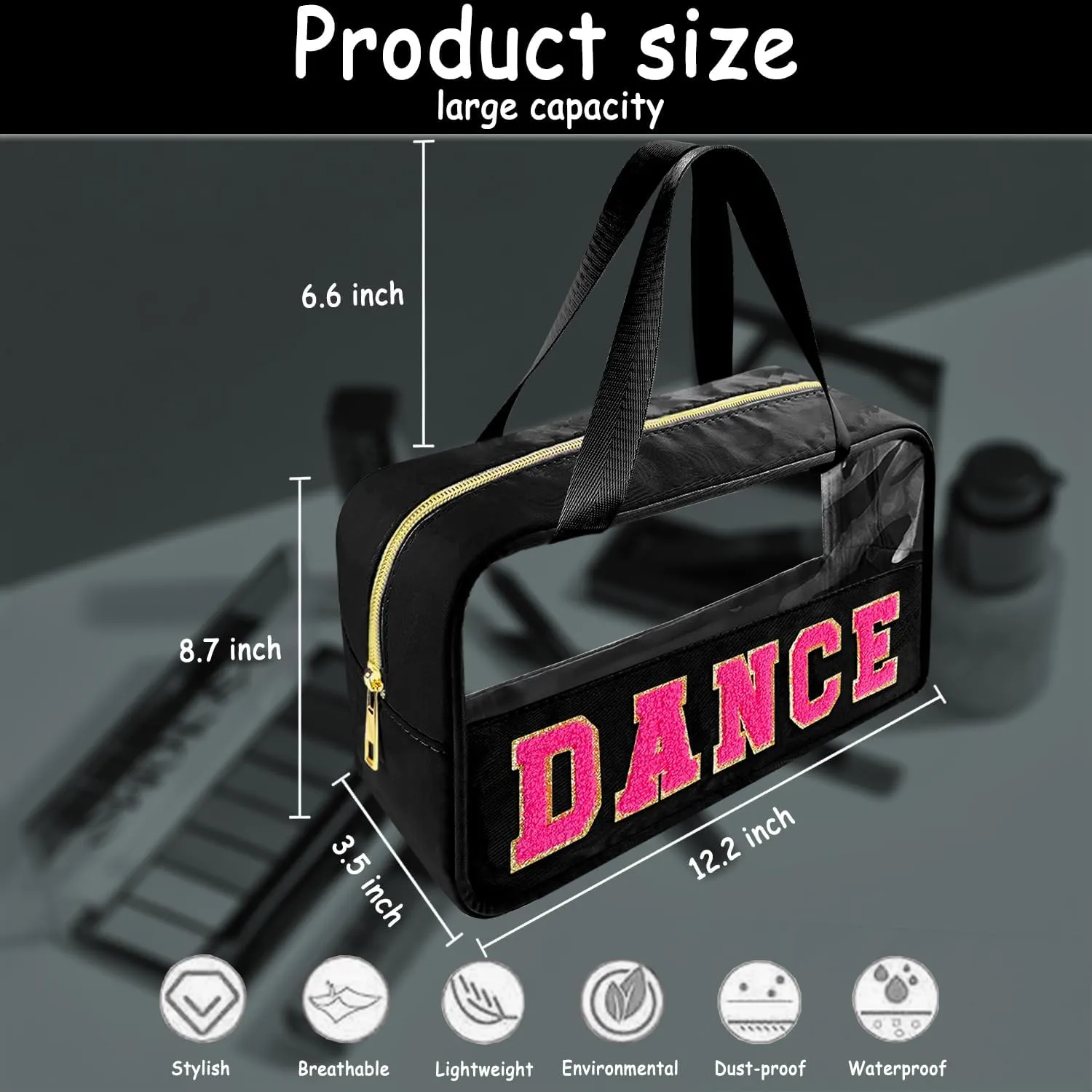 Chenille Letter Clear Makeup Bag Dance Patch, Travel Toiletry Makeup Bag with Handle, Nylon Waterproof Makeup Bags clear cosmetic bag, preppy patch makeup bag for Women (DANCE-Black)