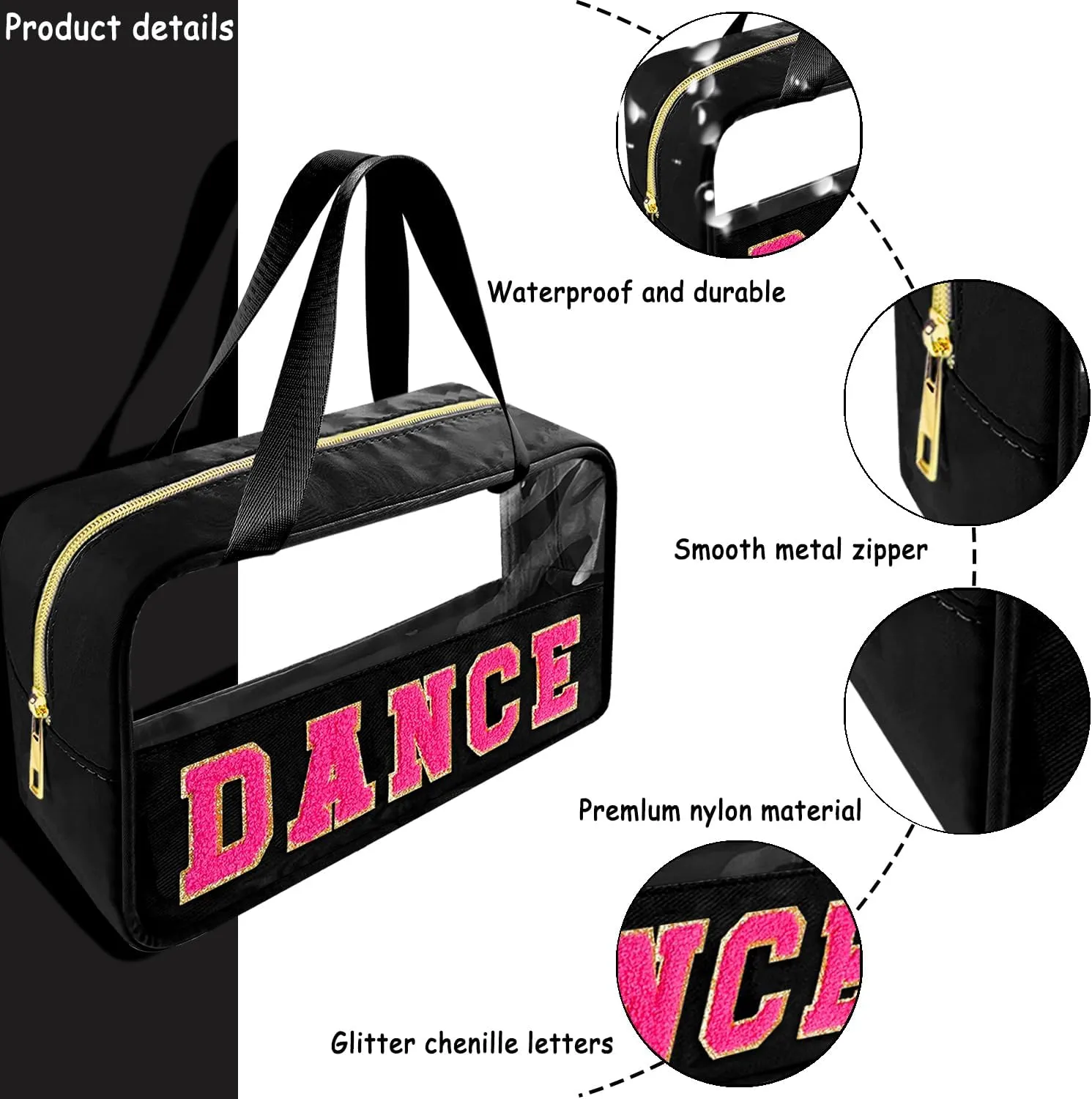 Chenille Letter Clear Makeup Bag Dance Patch, Travel Toiletry Makeup Bag with Handle, Nylon Waterproof Makeup Bags clear cosmetic bag, preppy patch makeup bag for Women (DANCE-Black)