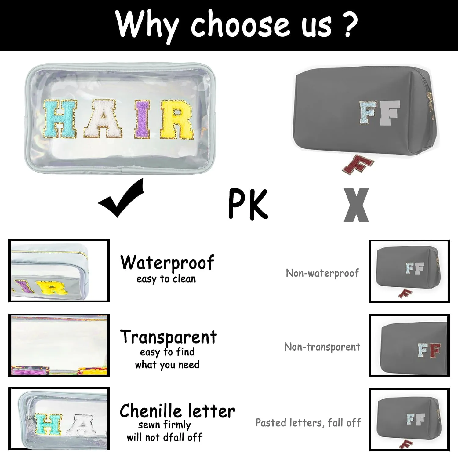 Chenille Letter Clear Makeup Bag Dance Patch, Travel Toiletry Makeup Bag with Handle, Nylon Waterproof Makeup Bags clear cosmetic bag, preppy patch makeup bag for Women (DANCE-Black)