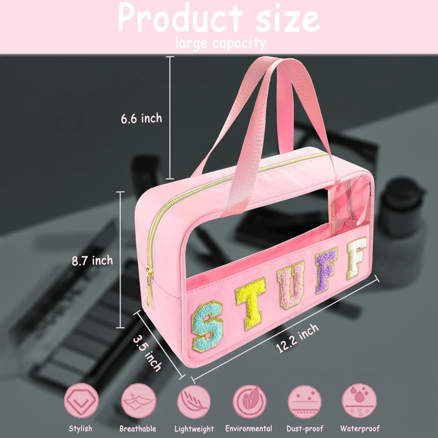 Chenille Letter Clear Makeup Bag Stuff Patch, Travel Toiletry Makeup Bag with Handle, Nylon Waterproof Makeup Bags clear cosmetic bag, preppy patch makeup bag for Women (STUFF-Pink)