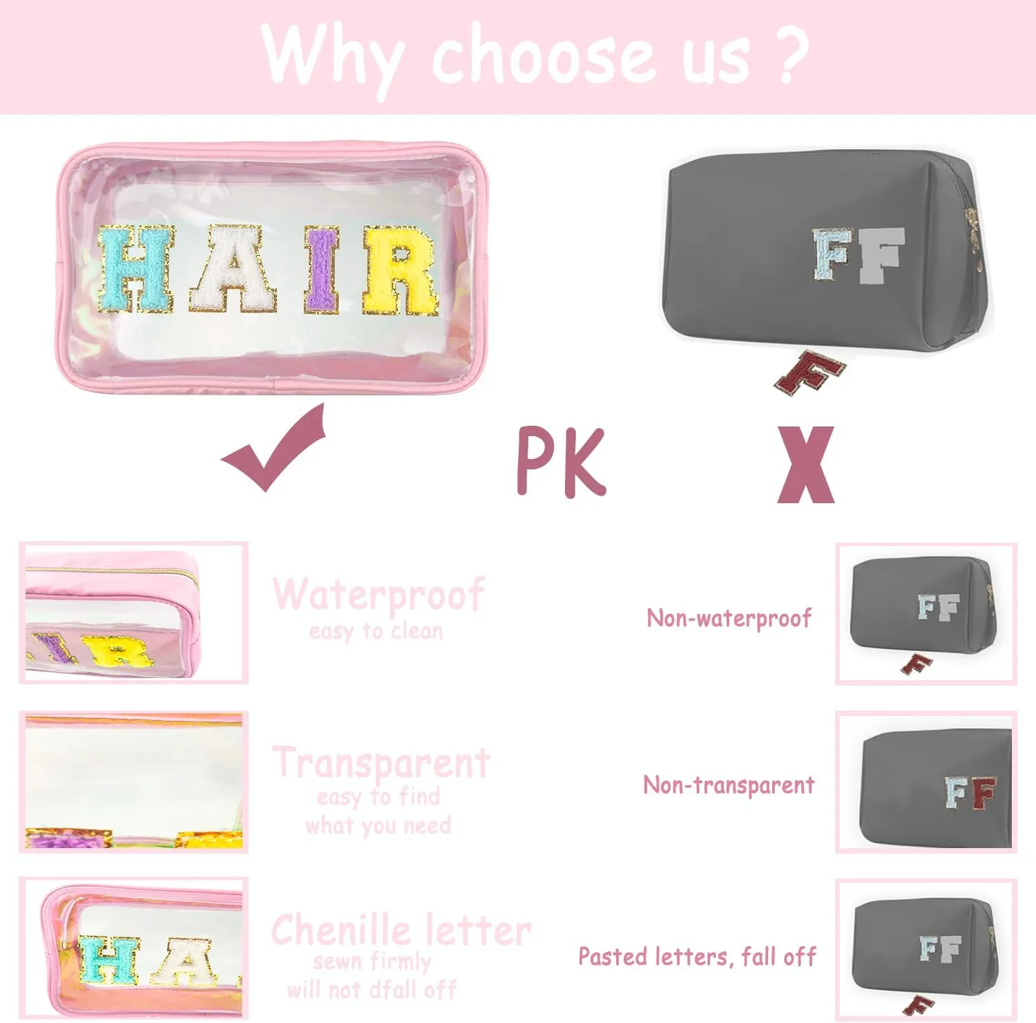 Chenille Letter Clear Makeup Bag Stuff Patch, Travel Toiletry Makeup Bag with Handle, Nylon Waterproof Makeup Bags clear cosmetic bag, preppy patch makeup bag for Women (STUFF-Pink)