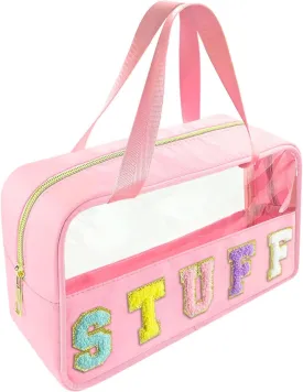 Chenille Letter Clear Makeup Bag Stuff Patch, Travel Toiletry Makeup Bag with Handle, Nylon Waterproof Makeup Bags clear cosmetic bag, preppy patch makeup bag for Women (STUFF-Pink)