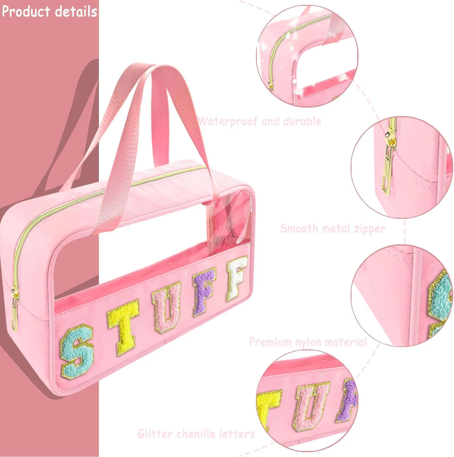 Chenille Letter Clear Makeup Bag Stuff Patch, Travel Toiletry Makeup Bag with Handle, Nylon Waterproof Makeup Bags clear cosmetic bag, preppy patch makeup bag for Women (STUFF-Pink)