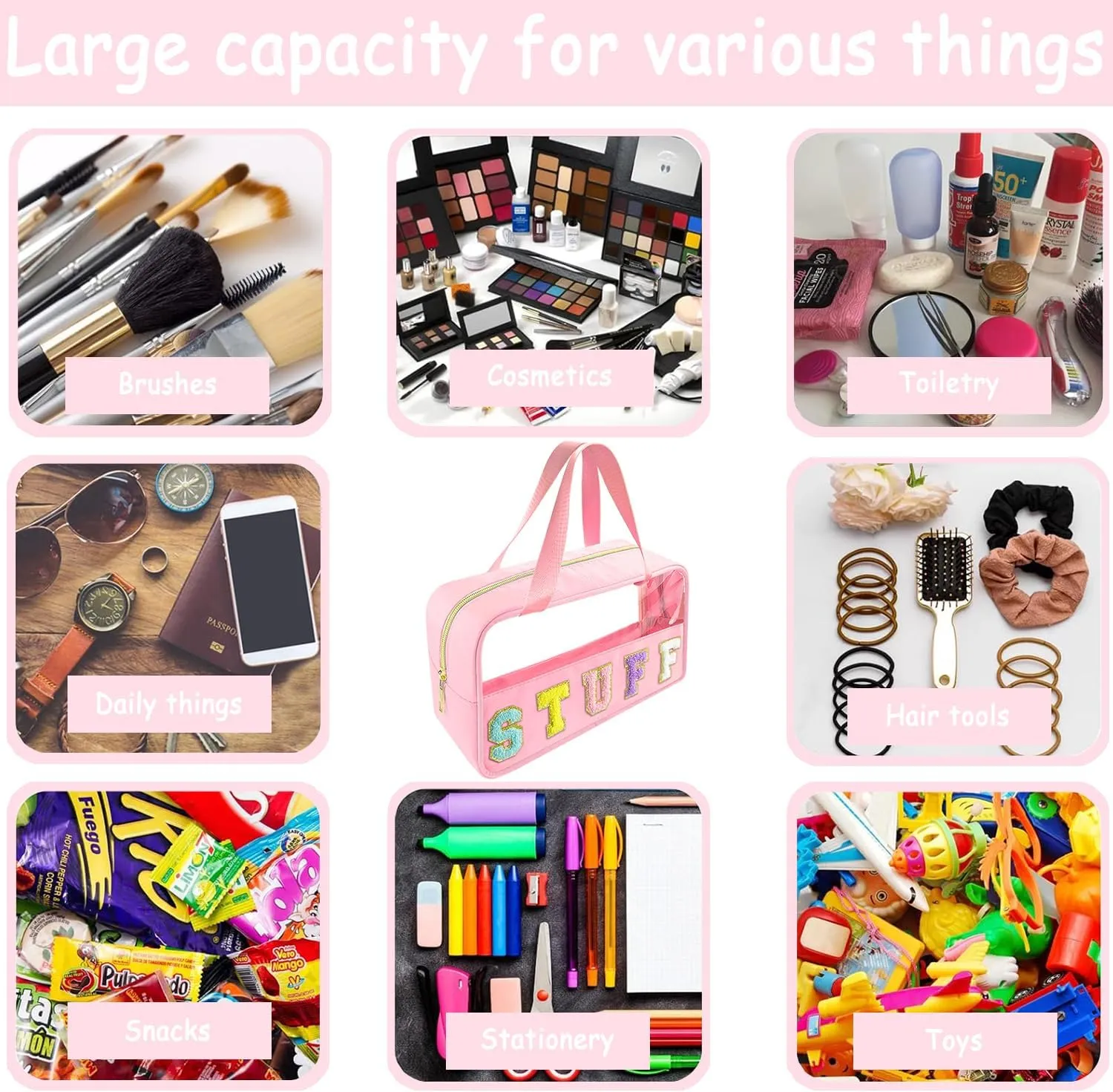 Chenille Letter Clear Makeup Bag Stuff Patch, Travel Toiletry Makeup Bag with Handle, Nylon Waterproof Makeup Bags clear cosmetic bag, preppy patch makeup bag for Women (STUFF-Pink)