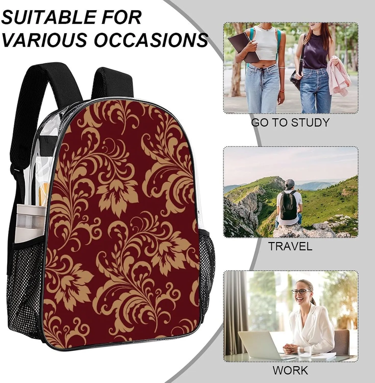 Chestnut Colored Flower Burgundy Transparent Fashion Waterproof PVC Transparent Backpack Unisex 17 Inches