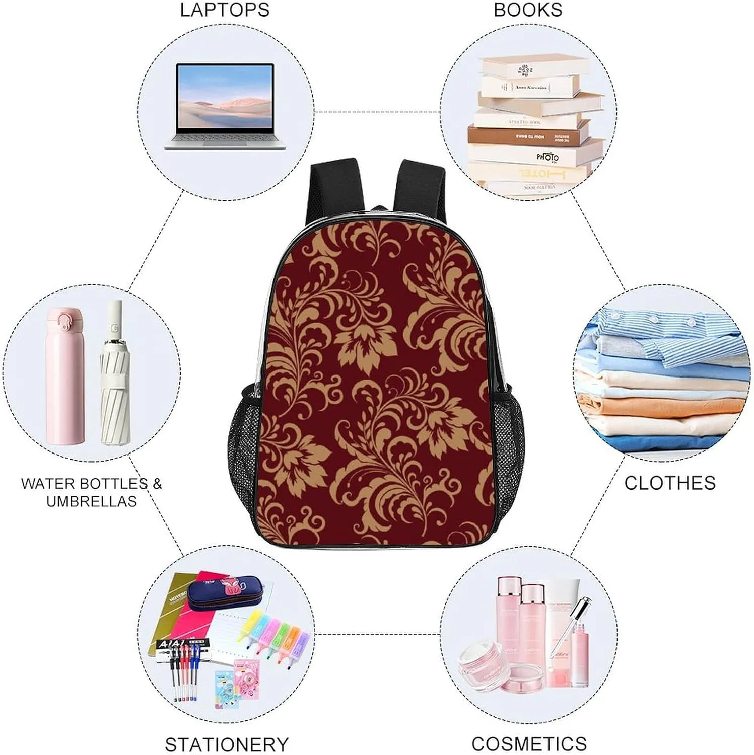 Chestnut Colored Flower Burgundy Transparent Fashion Waterproof PVC Transparent Backpack Unisex 17 Inches