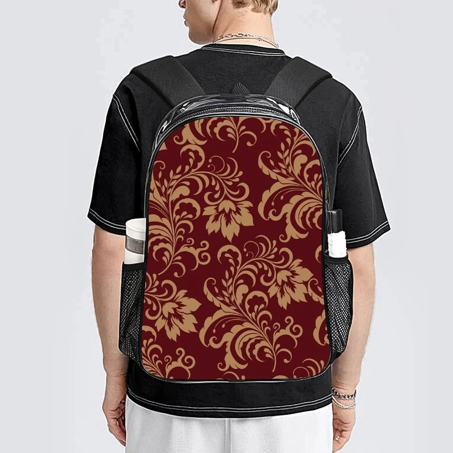Chestnut Colored Flower Burgundy Transparent Fashion Waterproof PVC Transparent Backpack Unisex 17 Inches