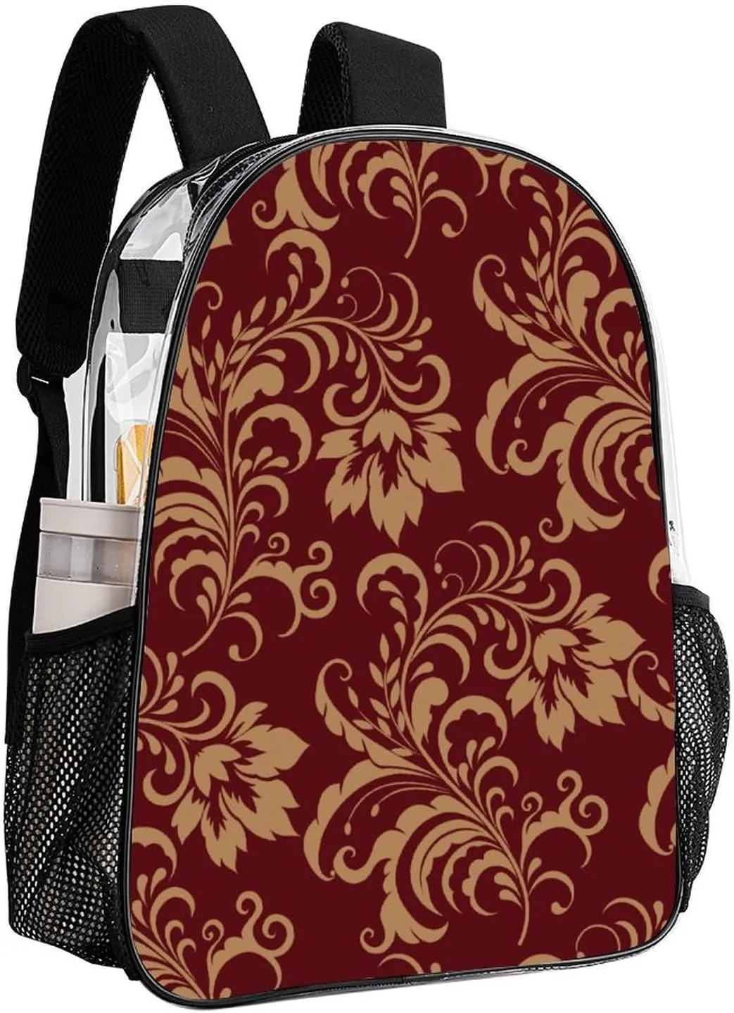 Chestnut Colored Flower Burgundy Transparent Fashion Waterproof PVC Transparent Backpack Unisex 17 Inches