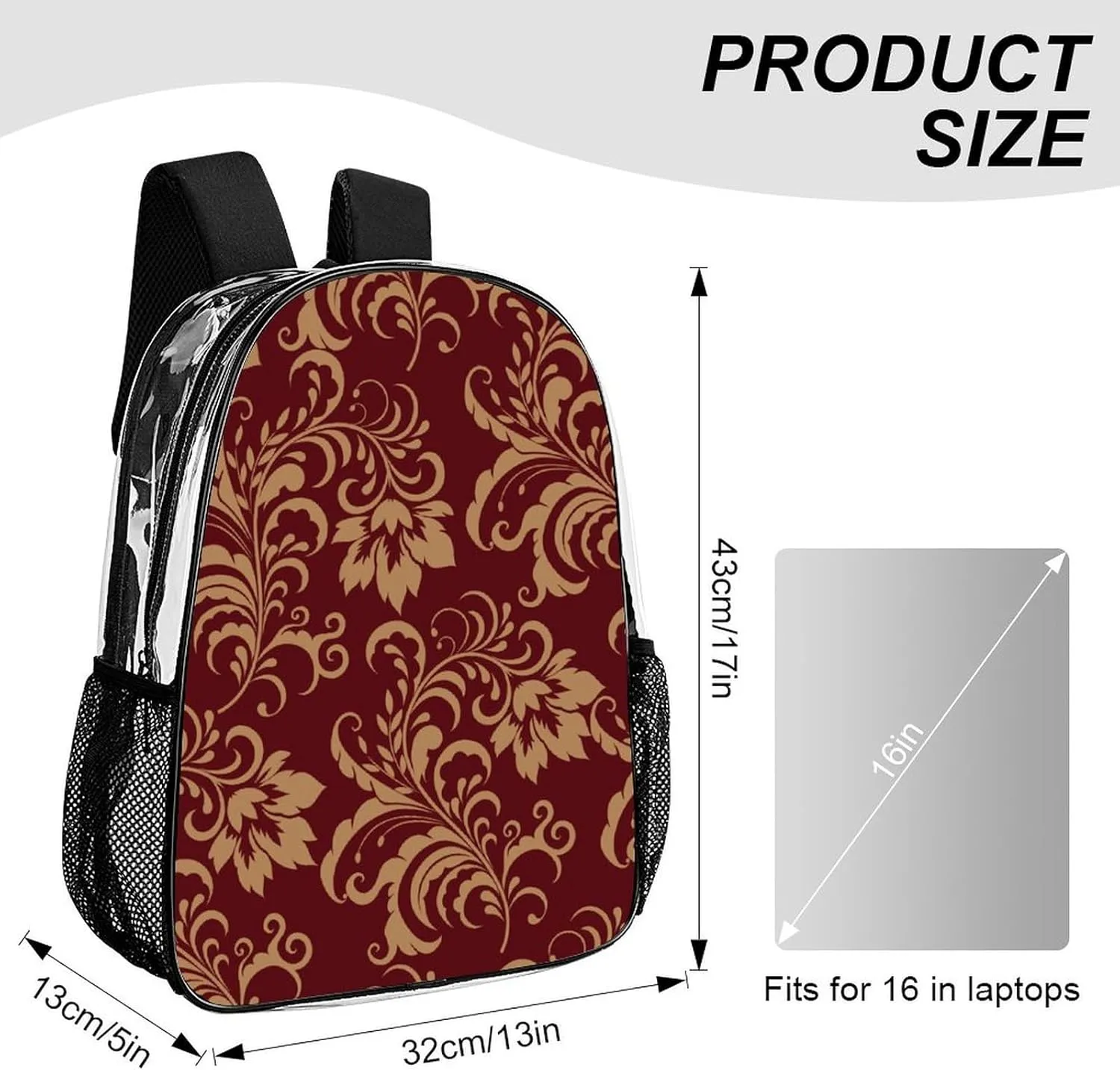 Chestnut Colored Flower Burgundy Transparent Fashion Waterproof PVC Transparent Backpack Unisex 17 Inches