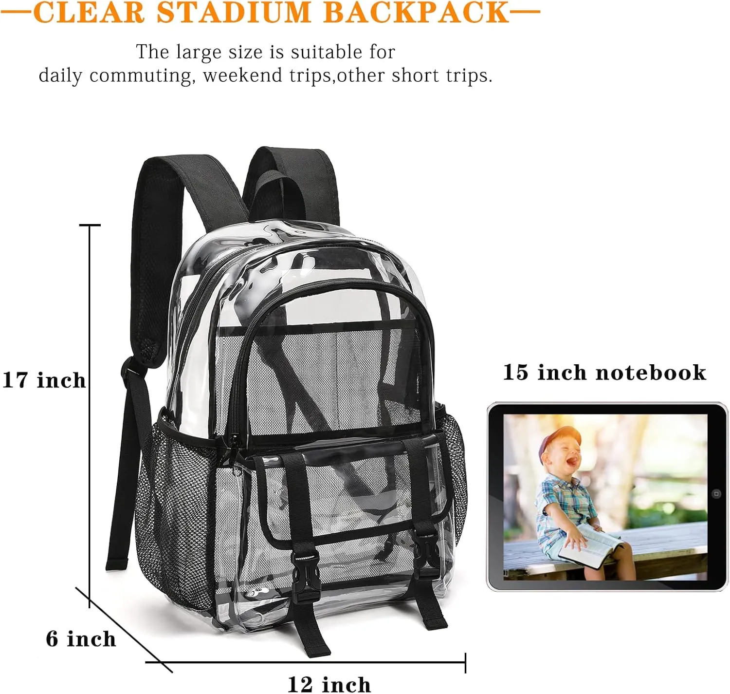 Clear Backpack, Large Clear Bag Stadium Approved Heavy Duty PVC Transparent See Through Backpacks for College,Stadium,Work,Security,Festivall,Light Purple