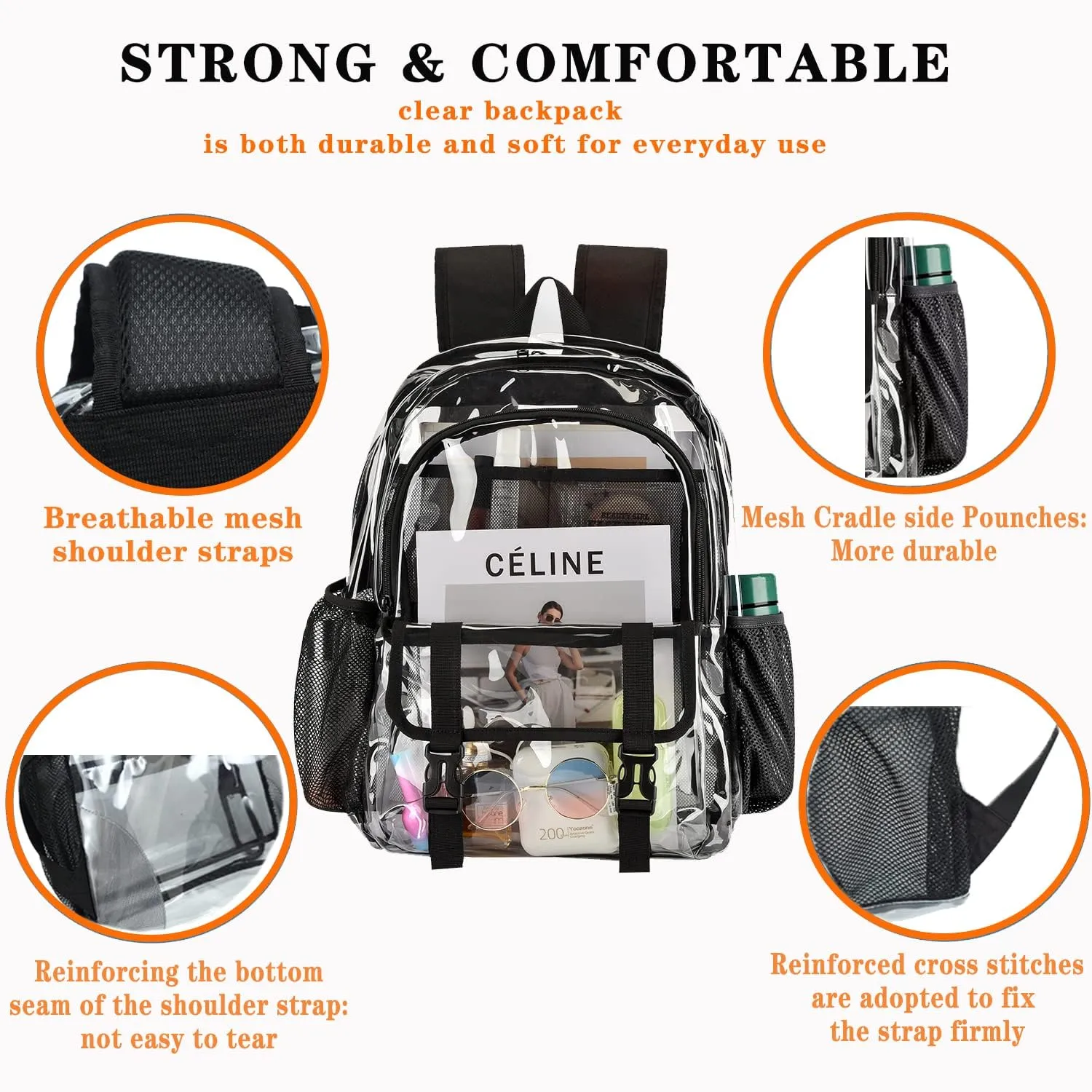 Clear Backpack, Large Clear Bag Stadium Approved Heavy Duty PVC Transparent See Through Backpacks for College,Stadium,Work,Security,Festivall,Light Purple