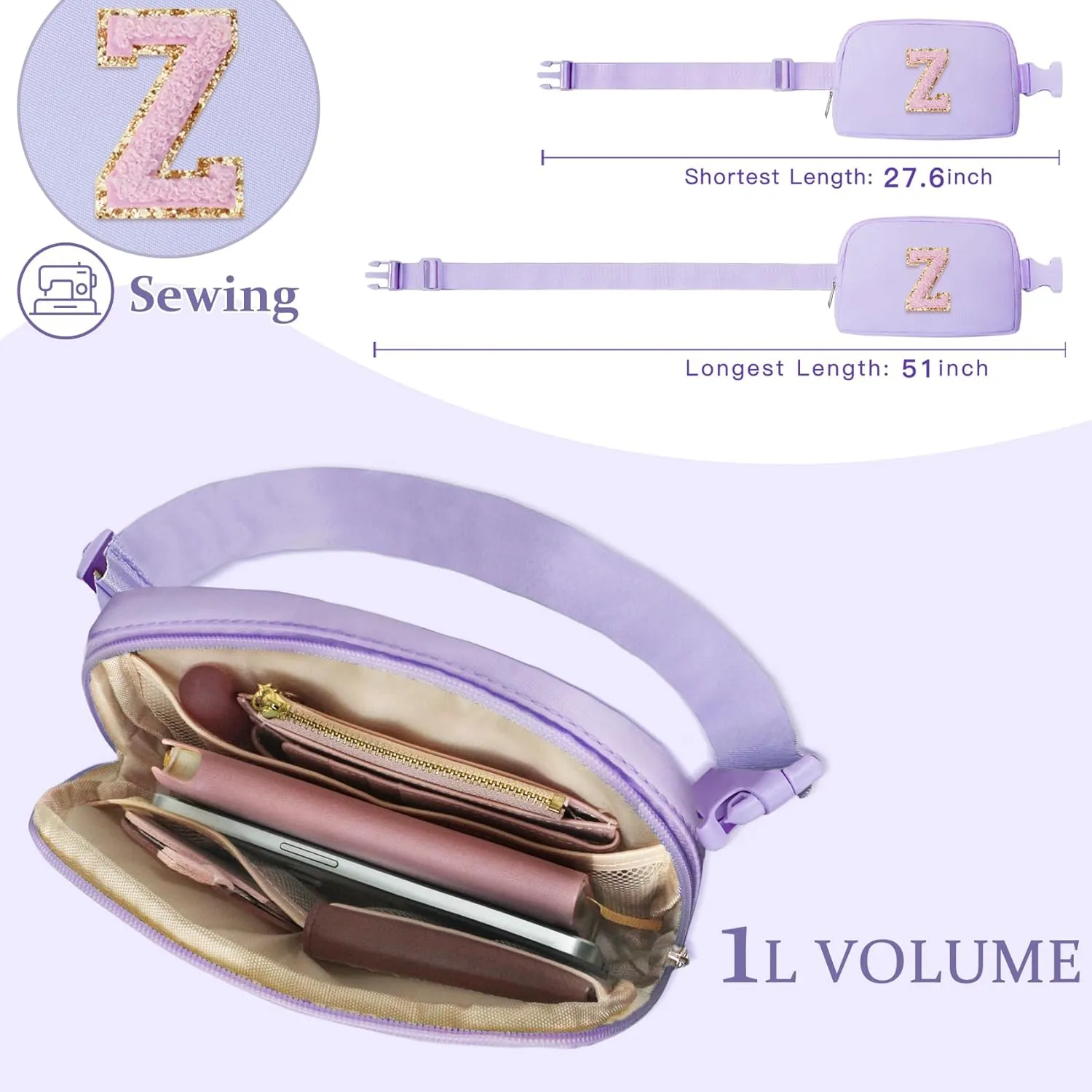 COSHAYSOO Initial Belt Bag Crossbody Chenille Letter Fanny Waist Pack Small Cross Body Purse for Teenager Girls Women Preppy Personalized Birthday Valentines Easter Christmas Gift Purple Z