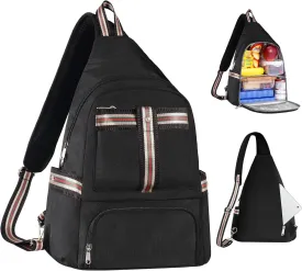 Crossbody Lunch Backpack, Double Deck Insulated Lunch Box for Men Women Adult, Leakproof Lunchbox with Side Pokets for iPad, Large Cooler Bag for Work Office Hiking Beach Picnic, Black-Pro
