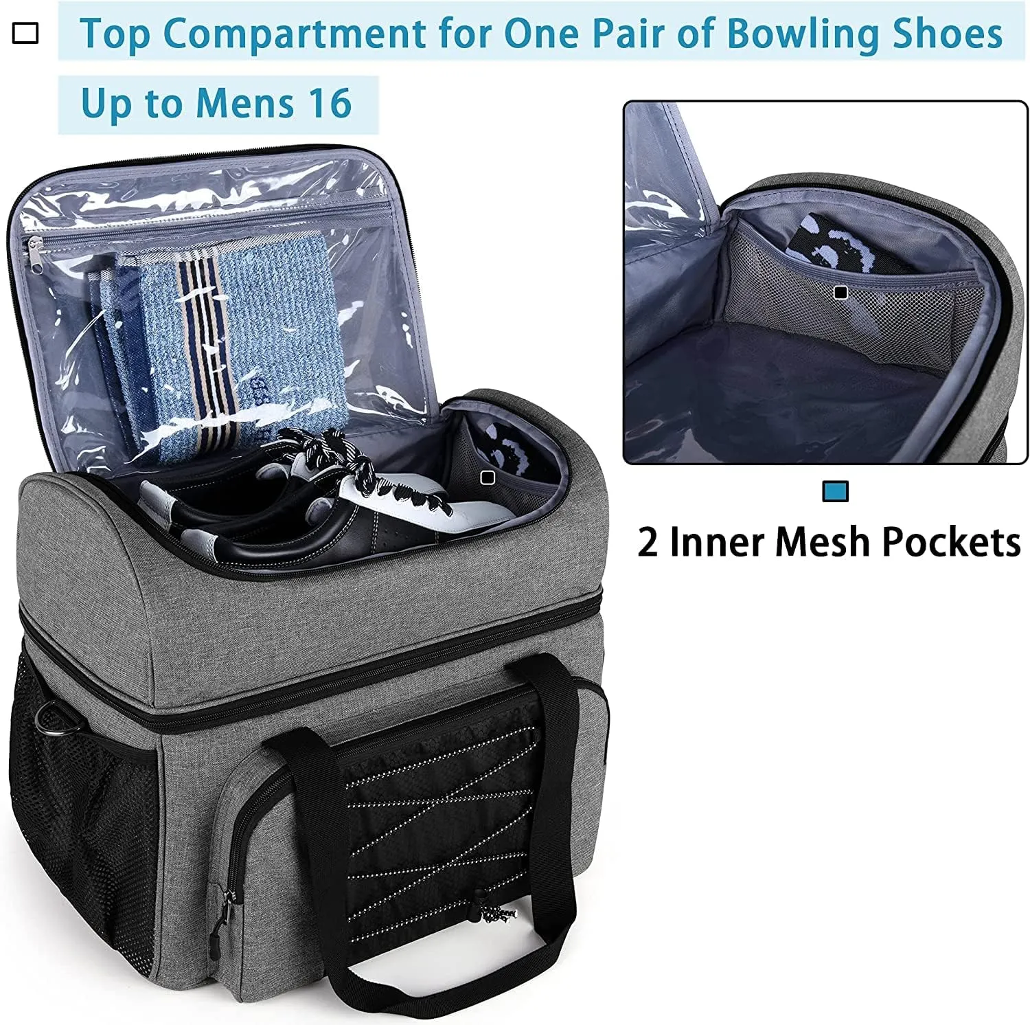 DODO DEER Bowling Bag for 2 Balls Bowling Tote with Wooden Bowling Cups and Padded Divider for Double Ball and One Pair of Bowling Shoes Up to Mens 16 and Extra Essentials, Bag Only