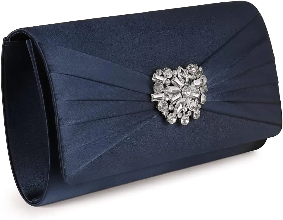 Evening Bags For Women Pleated Satin Rhinestone Brooch Prom Clutch Purse With Detachable Chain Strap