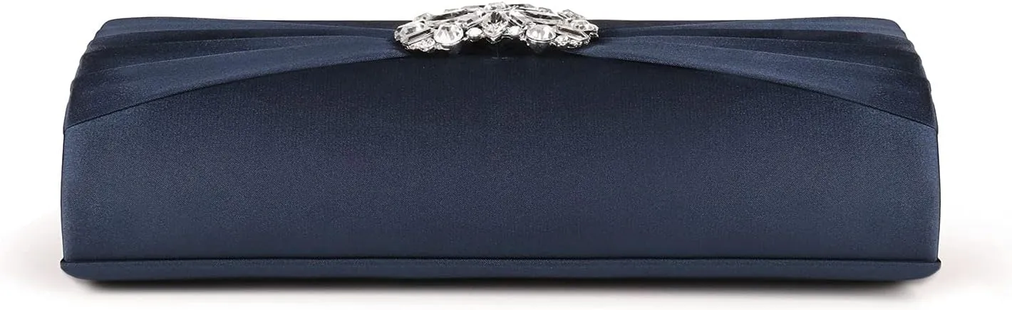 Evening Bags For Women Pleated Satin Rhinestone Brooch Prom Clutch Purse With Detachable Chain Strap