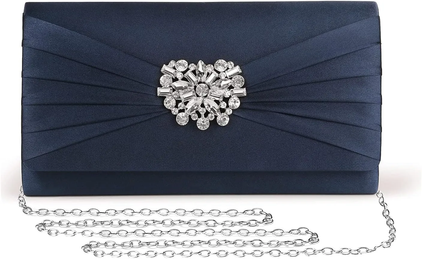 Evening Bags For Women Pleated Satin Rhinestone Brooch Prom Clutch Purse With Detachable Chain Strap