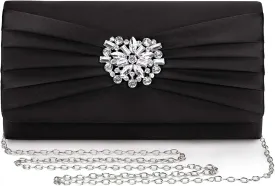 Evening Bags For Women Pleated Satin Rhinestone Brooch Prom Clutch Purse With Detachable Chain Strap