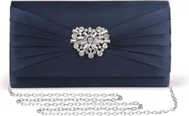 Evening Bags For Women Pleated Satin Rhinestone Brooch Prom Clutch Purse With Detachable Chain Strap