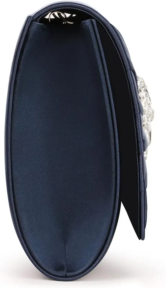 Evening Bags For Women Pleated Satin Rhinestone Brooch Prom Clutch Purse With Detachable Chain Strap
