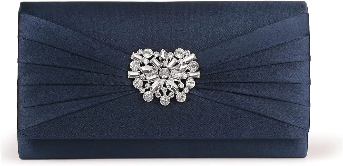 Evening Bags For Women Pleated Satin Rhinestone Brooch Prom Clutch Purse With Detachable Chain Strap