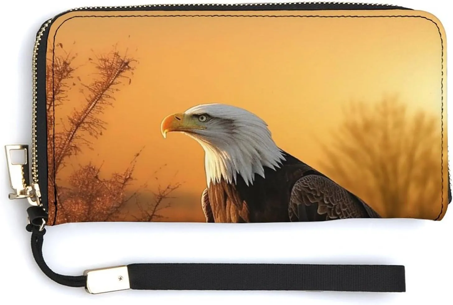Golden Sunset Bald Eagle Wallet Leather Zipper Around Clutch Wallet Large Capacity Purse with Wristlet Strap