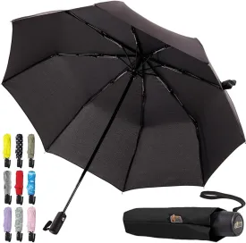 GORILLA GRIP Windproof Compact Stick Umbrella for Rain, Travel One-Click Automatic Open and Close, Lightweight, Portable, Strong Reinforced Fiberglass Ribs, Easily Collapsible, Black
