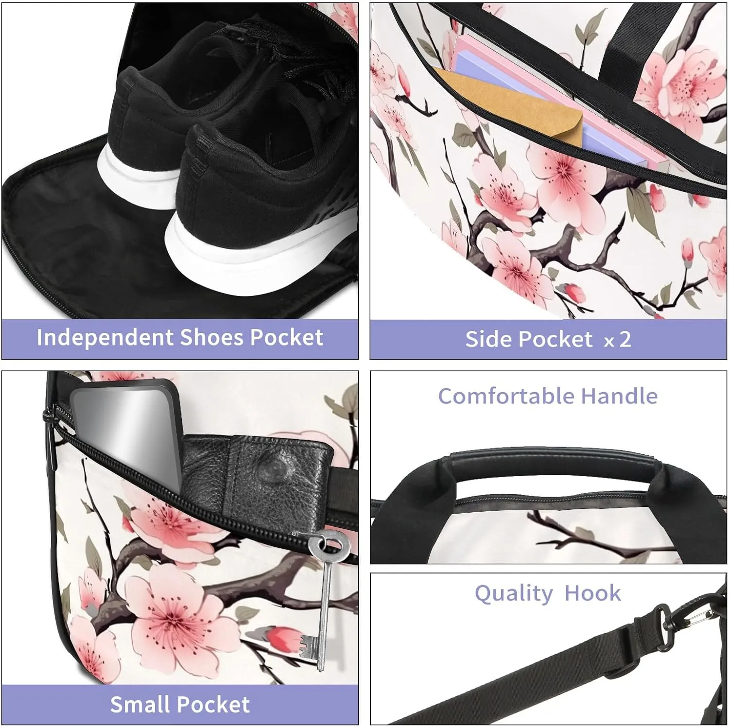 Gym Bag for Women Men, Yoga Bag with Shoe Pocket, Travel Duffel Tote Bag for Plane, Workout, Swimming, Weekend Overnight Bag Carry on Bag Hospital Holdalls, Chinese Painting Peach Blossom - 3