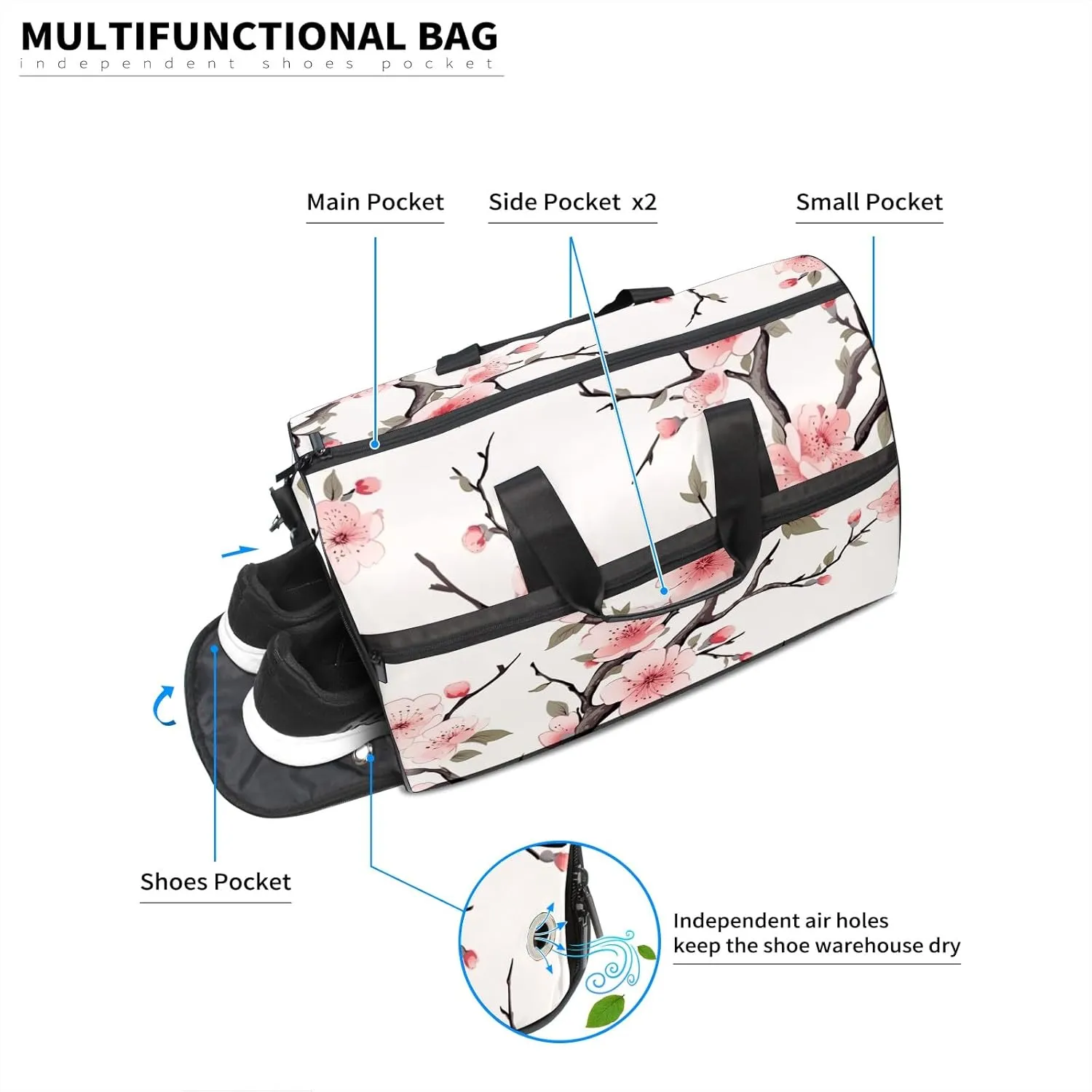 Gym Bag for Women Men, Yoga Bag with Shoe Pocket, Travel Duffel Tote Bag for Plane, Workout, Swimming, Weekend Overnight Bag Carry on Bag Hospital Holdalls, Chinese Painting Peach Blossom - 3
