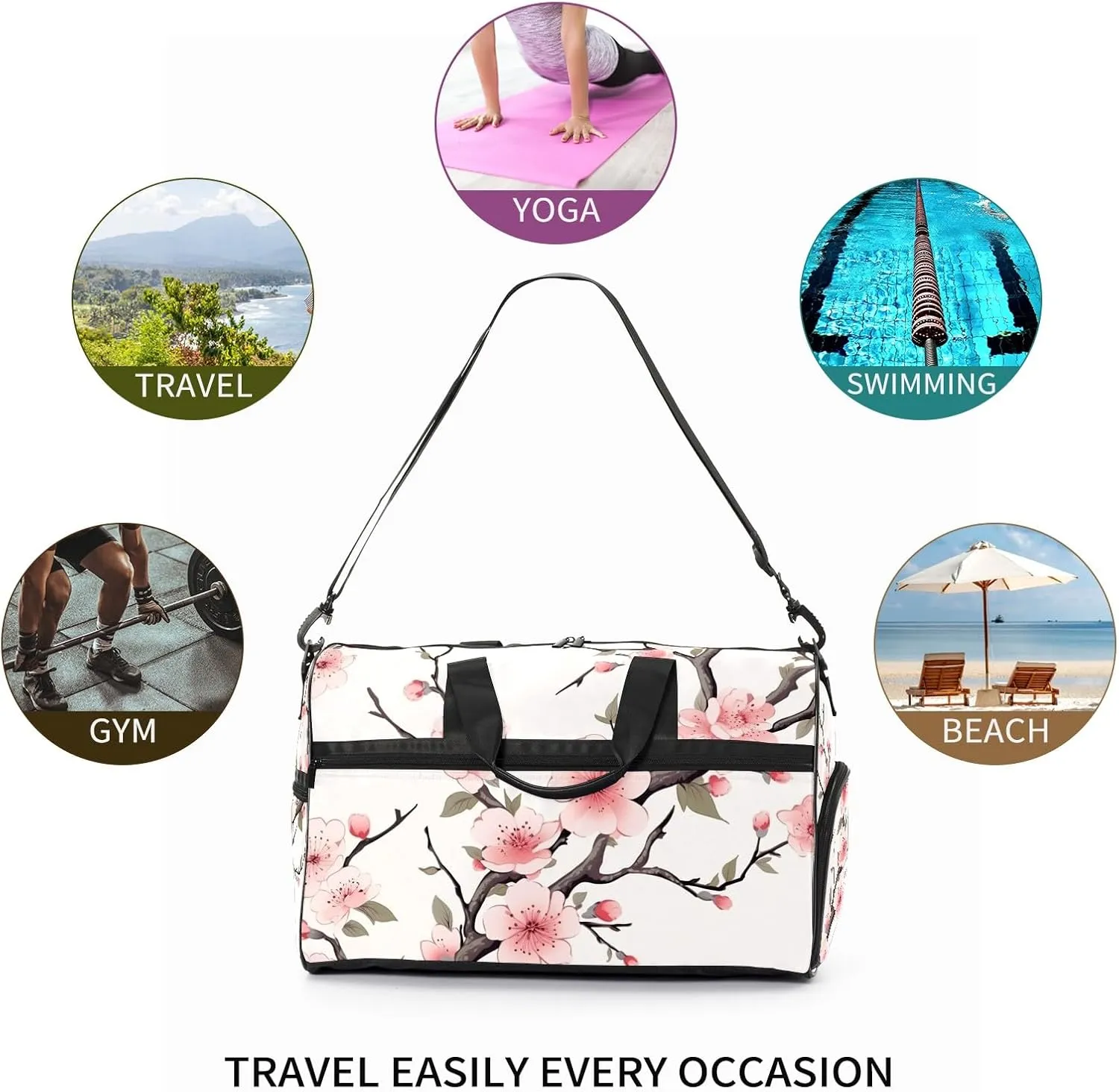 Gym Bag for Women Men, Yoga Bag with Shoe Pocket, Travel Duffel Tote Bag for Plane, Workout, Swimming, Weekend Overnight Bag Carry on Bag Hospital Holdalls, Chinese Painting Peach Blossom - 3