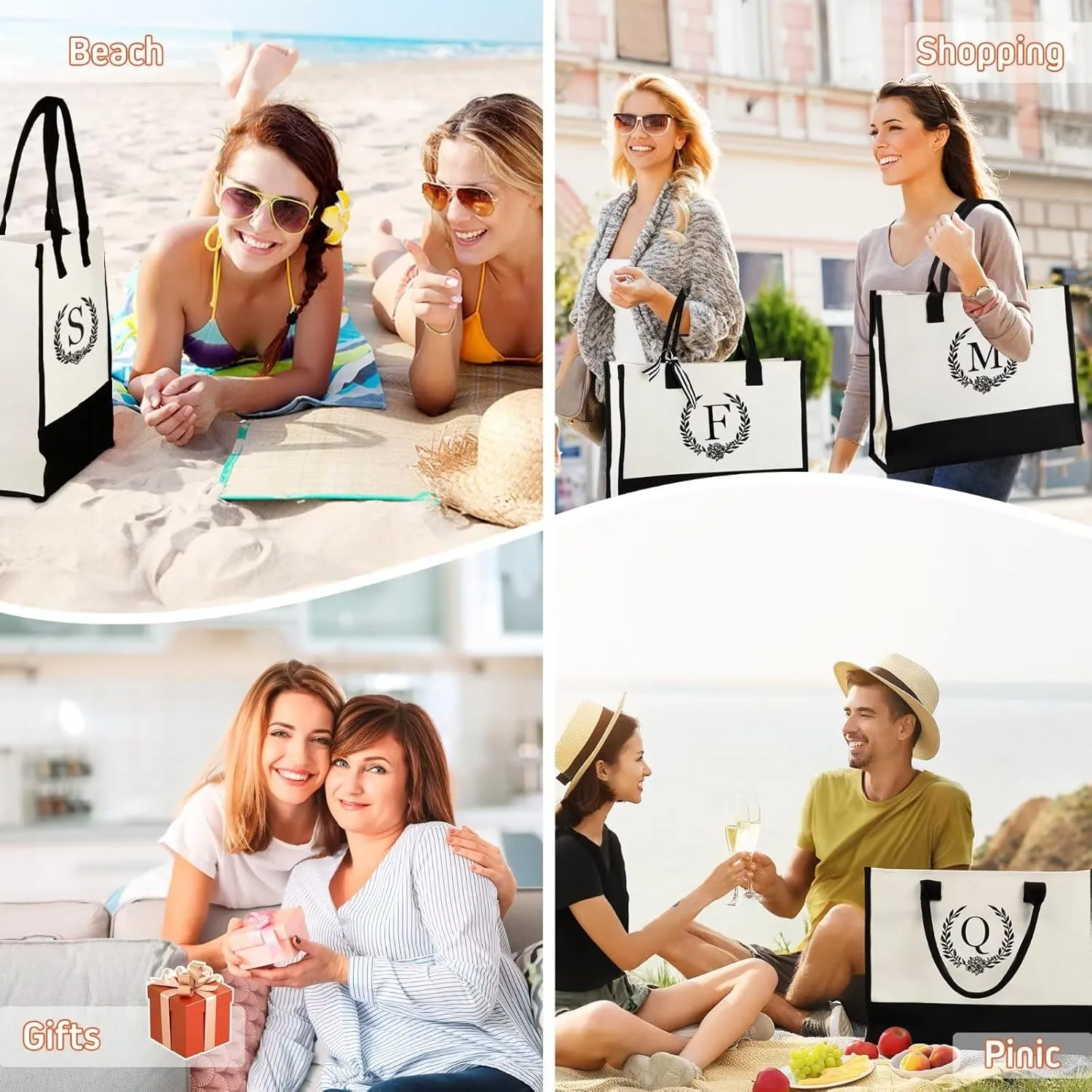 Initial Jute Beach Tote Bag w Strap and Pocket, Personalized Birthday Gift for Mom, Teacher, Friends, Bridesmaids