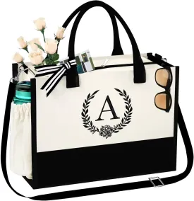 Initial Jute Beach Tote Bag w Strap and Pocket, Personalized Birthday Gift for Mom, Teacher, Friends, Bridesmaids