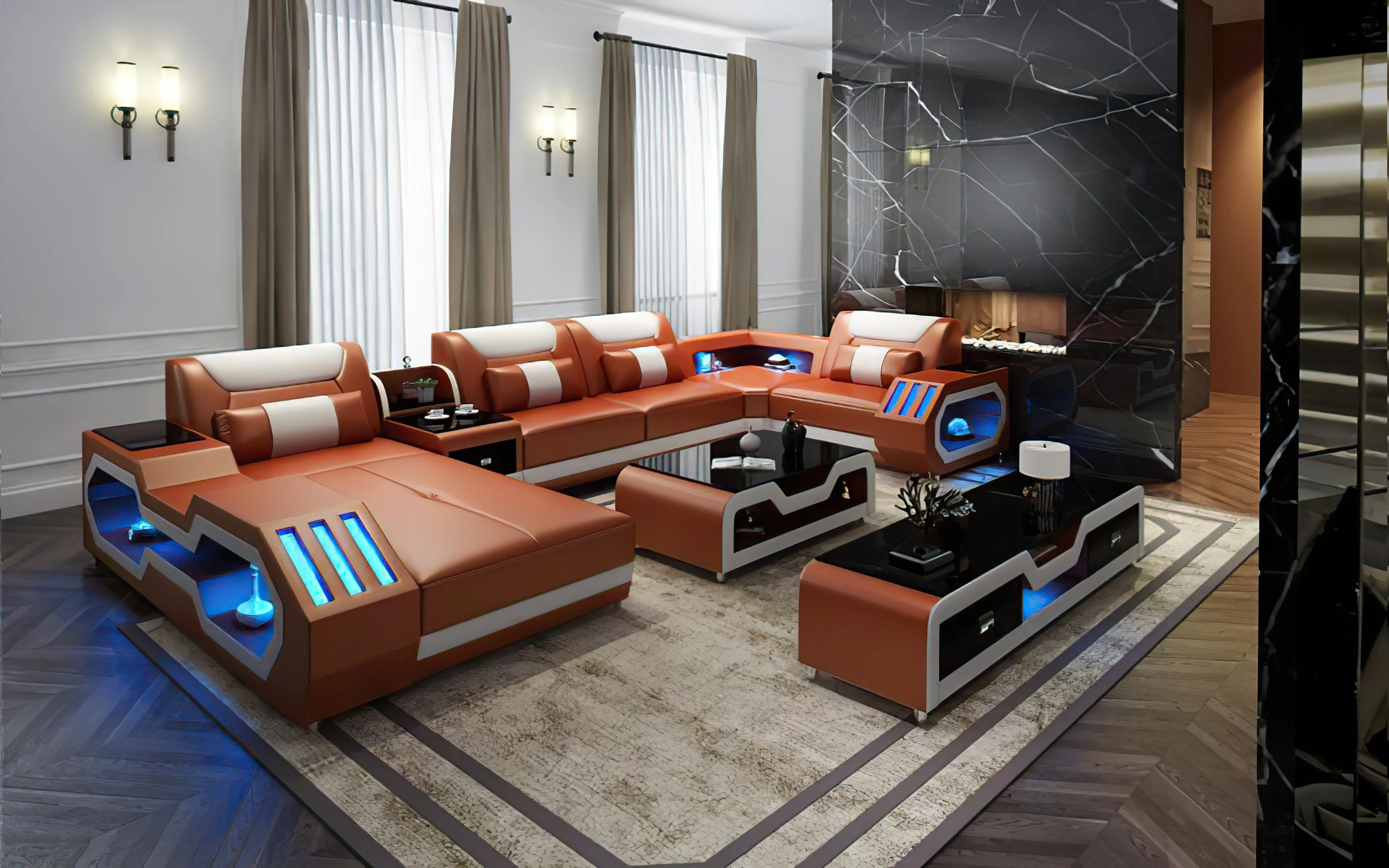 Light Brown & Tan Omont Modern Italian Leather Sectional with Console