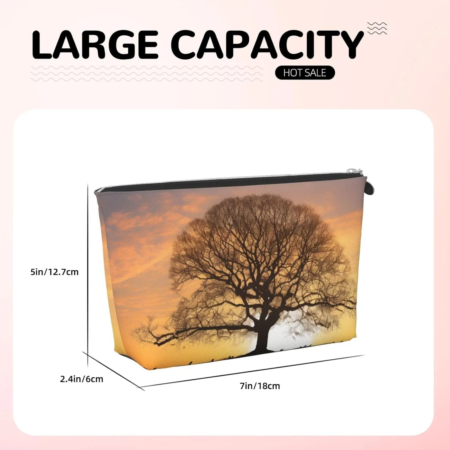 Oak Tree in Winter at Sunset printed Leather Travel Toiletry Bag makeup bag Cosmetic Bag Clutch Bag