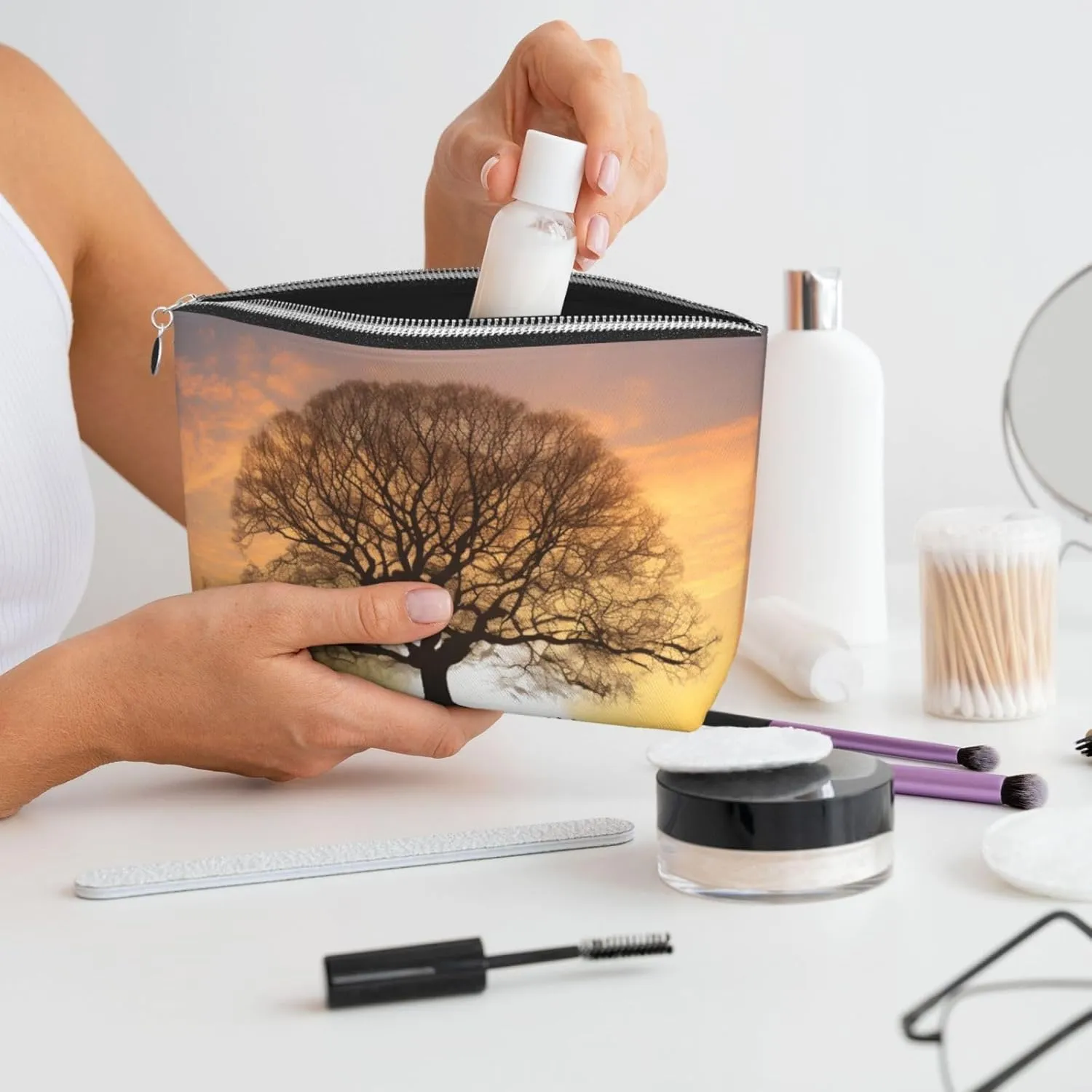 Oak Tree in Winter at Sunset printed Leather Travel Toiletry Bag makeup bag Cosmetic Bag Clutch Bag