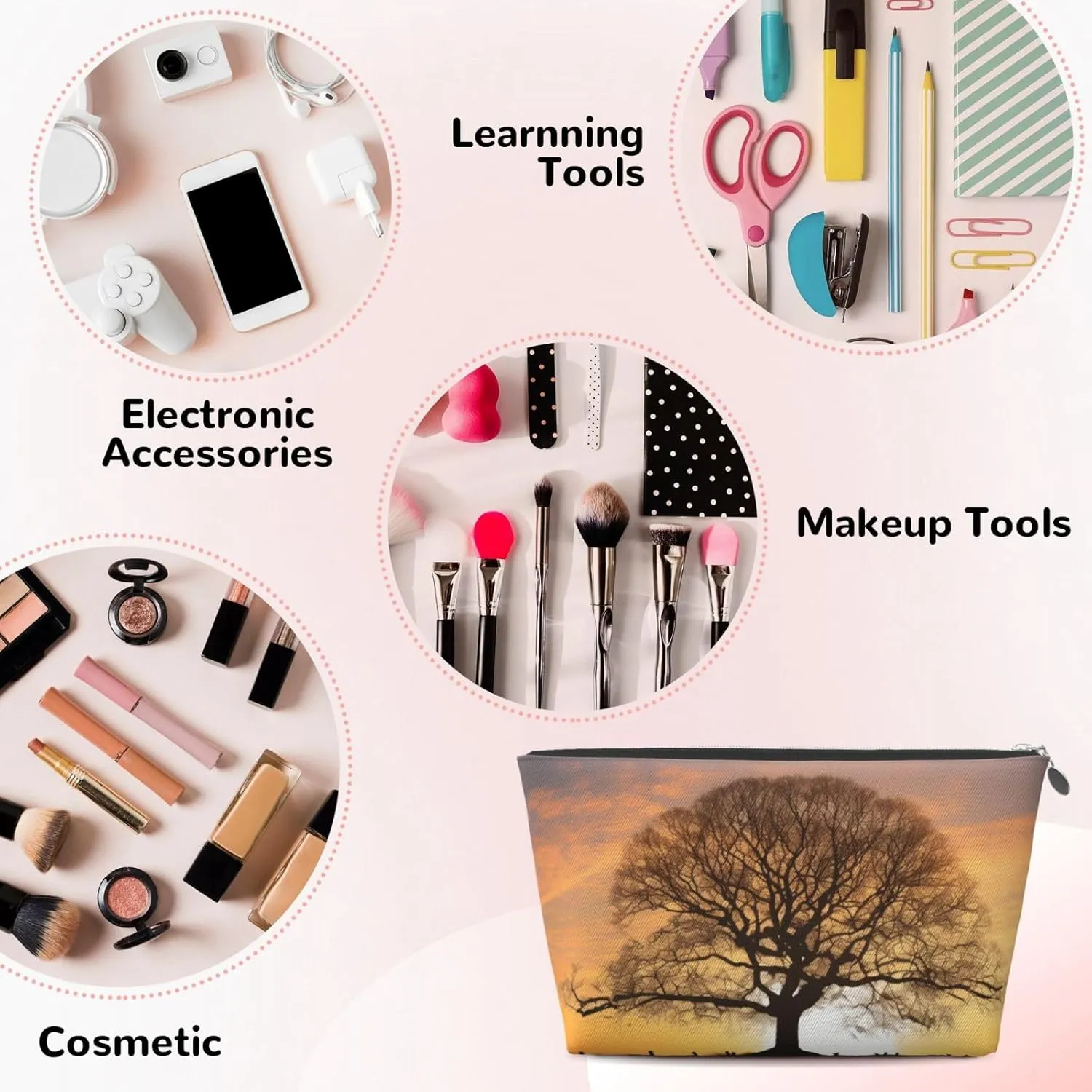 Oak Tree in Winter at Sunset printed Leather Travel Toiletry Bag makeup bag Cosmetic Bag Clutch Bag