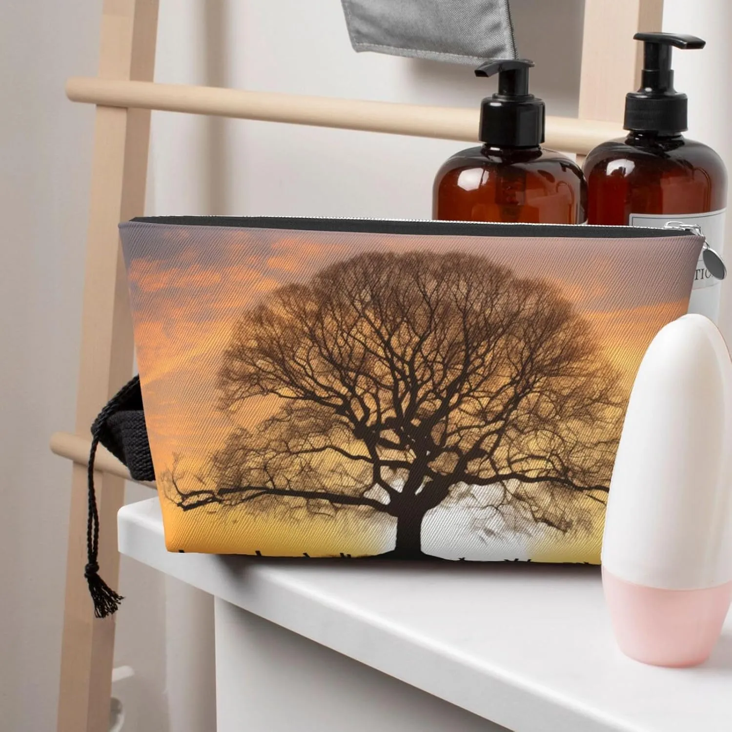 Oak Tree in Winter at Sunset printed Leather Travel Toiletry Bag makeup bag Cosmetic Bag Clutch Bag