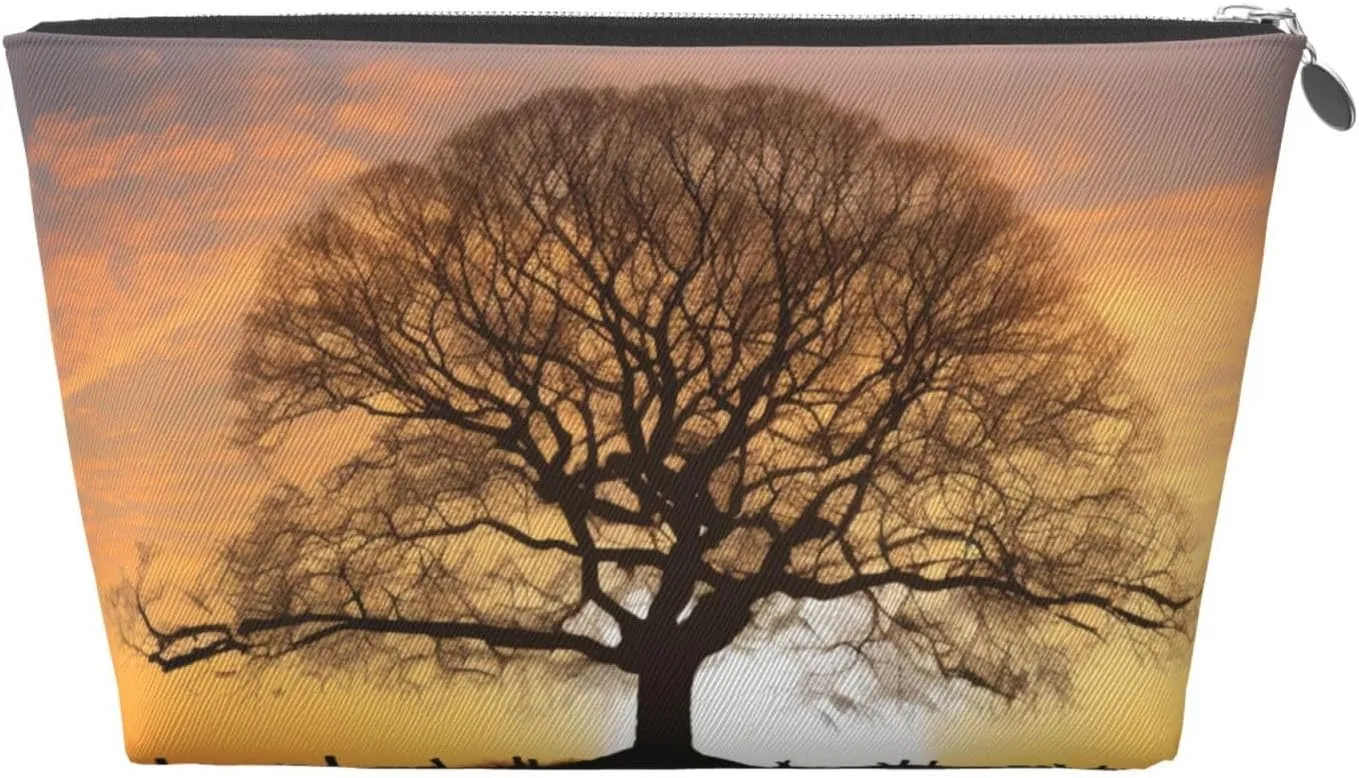 Oak Tree in Winter at Sunset printed Leather Travel Toiletry Bag makeup bag Cosmetic Bag Clutch Bag