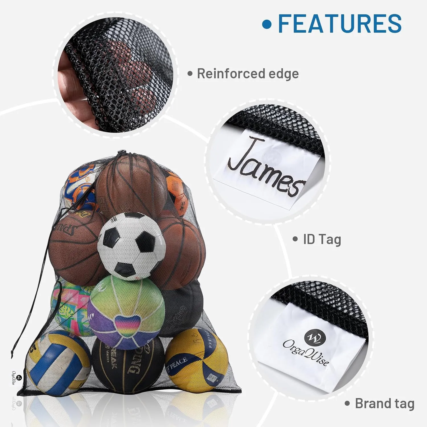OrgaWise Heavy Duty Mesh Ball Bag,Basketball Bag for Balls,Ball Bags Mesh for Soccer/Volleyball/Football (School/Home/Park/Garage/Beach)