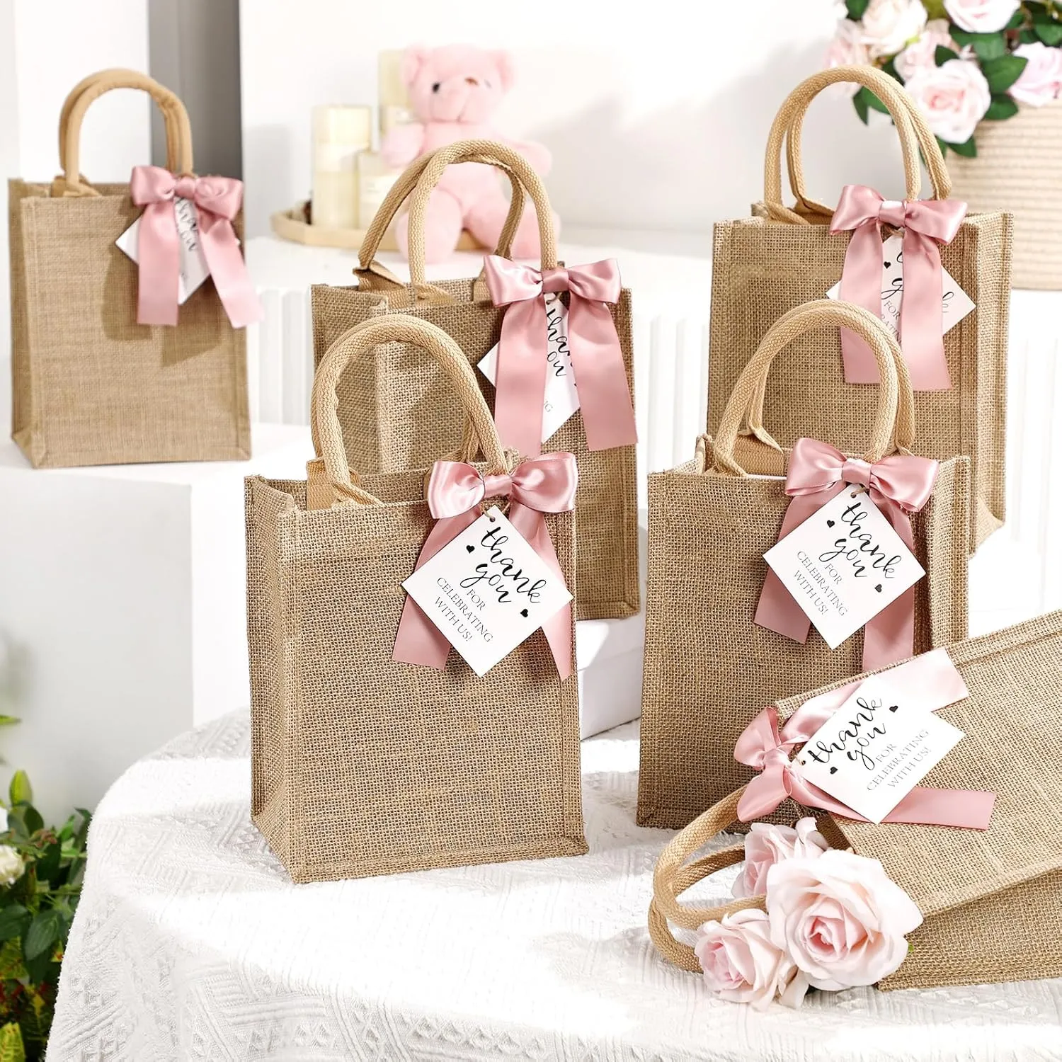 Paterr 6 Pack Burlap Tote Bags with Handles Small Bachelorette Party Gift Bag Reusable Jute Tote Bags with Bow Thank You Tag